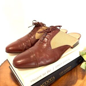 Salvatore Ferragamo Leather & Linen Pointed Toe Oxford Mules Shoes 7B Italy